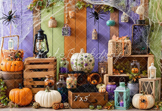 Halloween Pompoenen Lantaarns Spinnenwebben Kleurrijke Foto Achtergrond Designed by Emetselch