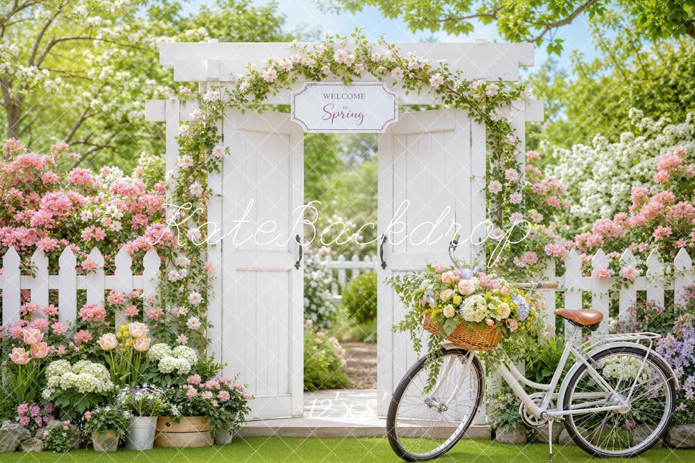 Kate Spring Garden Gate Flower Arch Bicycle Fence Printed Backdrop Designed by Emetselch