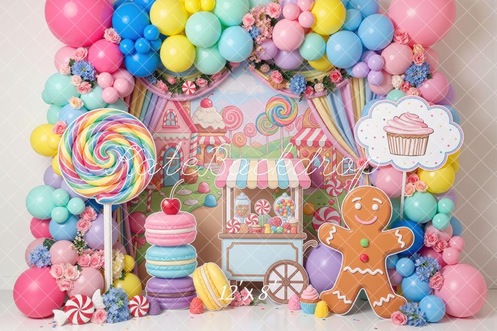 Kate Christmas Sweets Candyland Gingerbread Balloon Lollipop Macaron Printed Backdrop Designed by Mini MakeBelieve