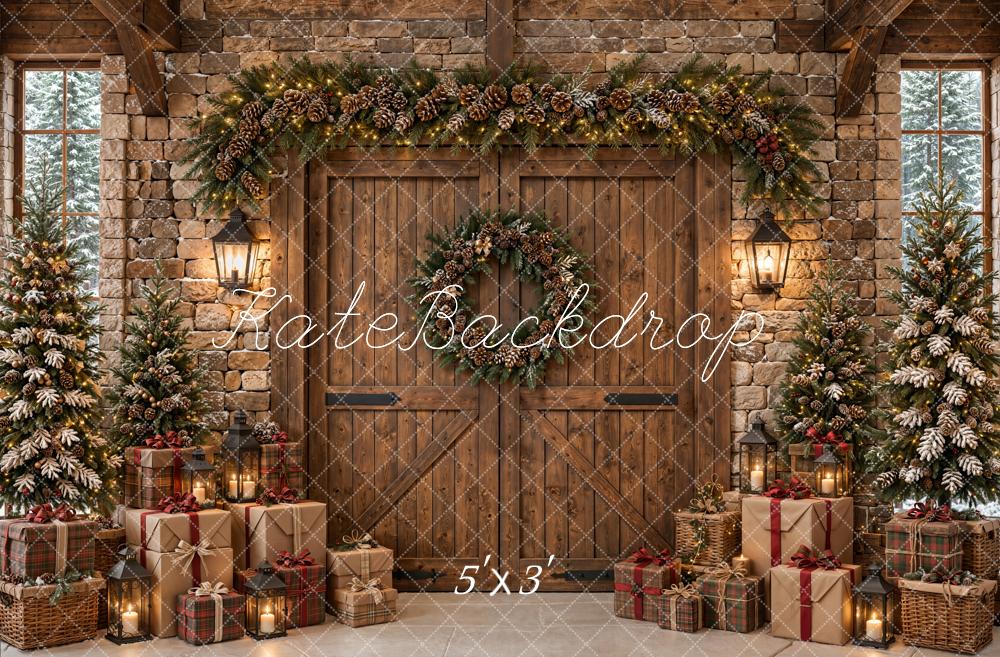 Kate Christmas Rustic Wood Barn Door Pine Trees Gifts Printed Backdrop Designed by Emetselch
