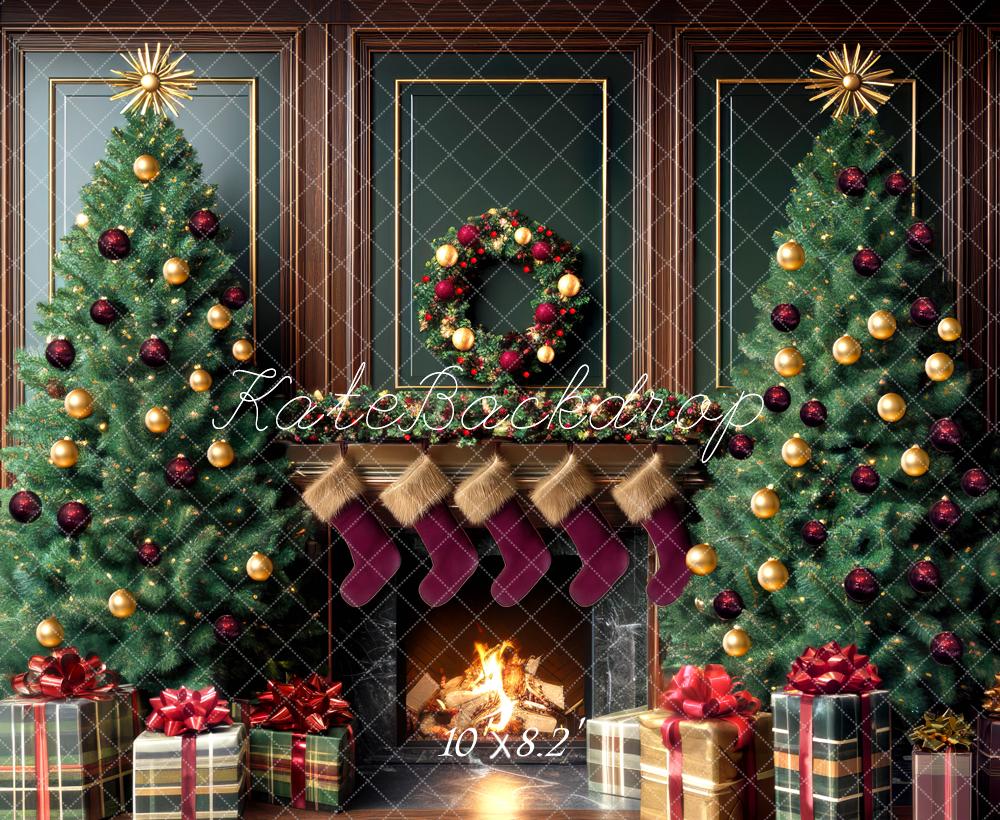 Kate Christmas Trees Fireplace Stockings Wreath Backdrop Designed by Mini MakeBelieve