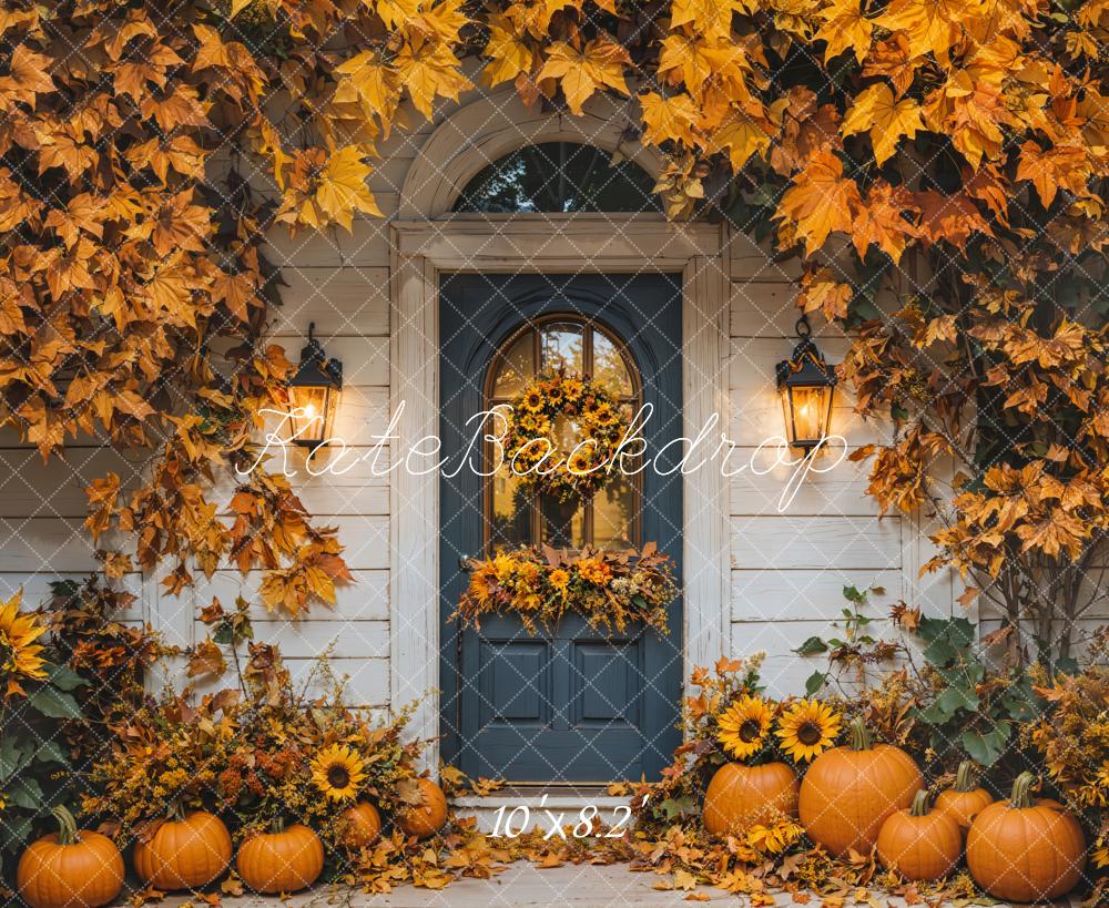 Fondo de Puerta de Calabaza de Otoño con Hojas de Arce Diseñado por Emetselch