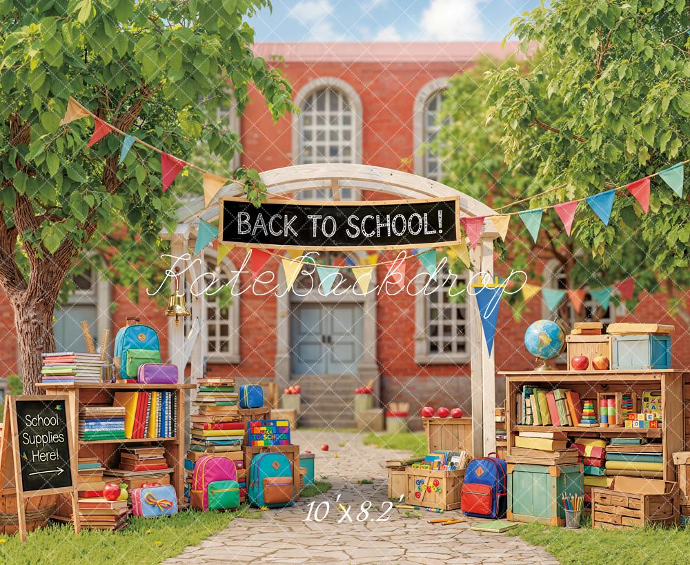 Kate Back To School Outdoor Arch Books Backpacks Bunting Backdrop Designed by Emetselch