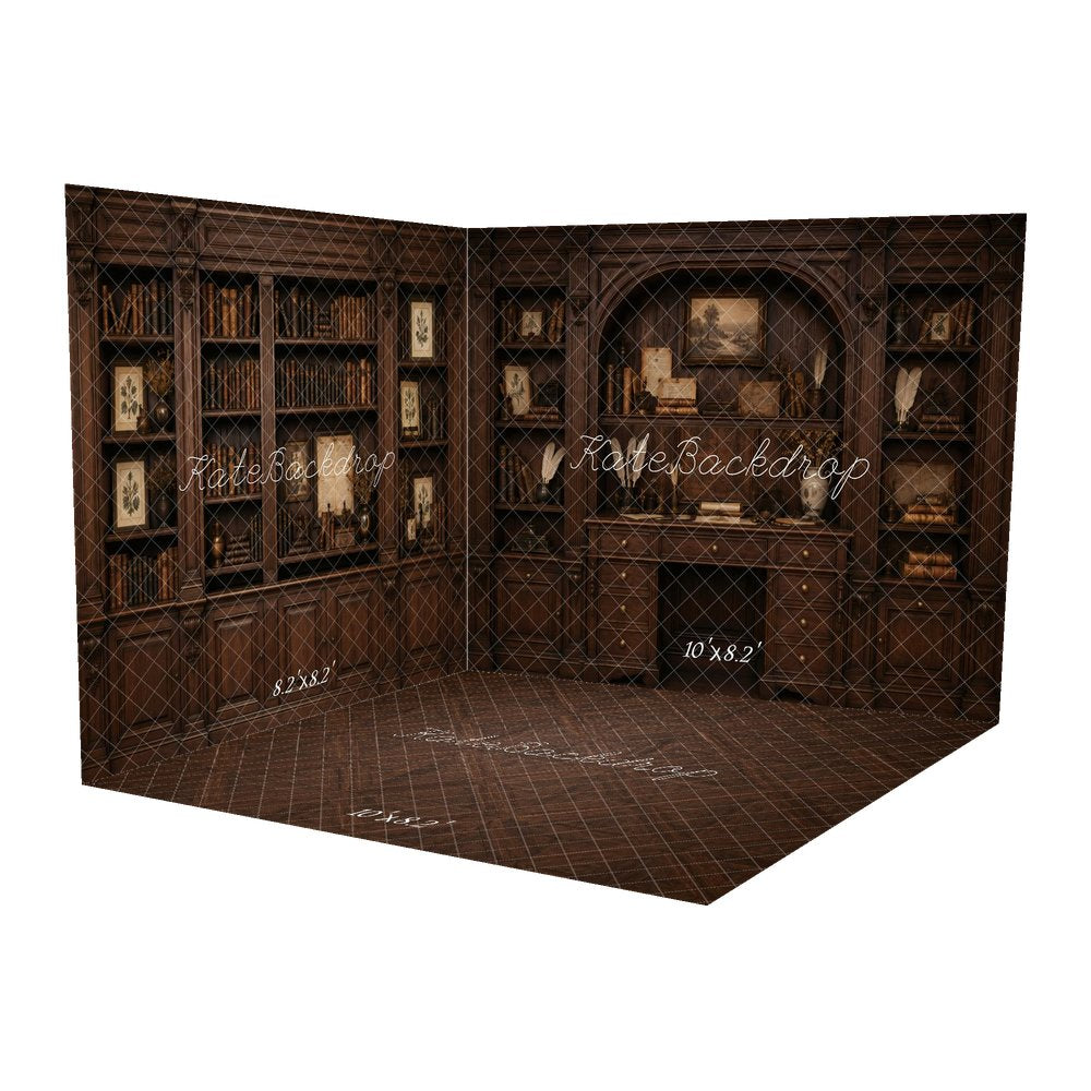 Kate Vintage Dark Wood Bookshelves Desk Cabinet Printed Backdrop Room Set