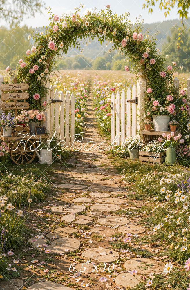 Kate Spring Flower Arch Garden Pathway White Fence Field Printed Backdrop Designed by Emetselch