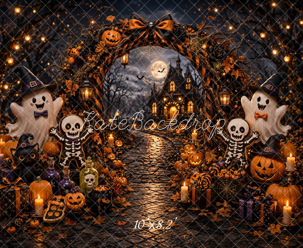 Kate Halloween Trick Or Treat Pumpkin Ghost Arch Skeleton Haunted House Printed Backdrop Designed by Emetselch