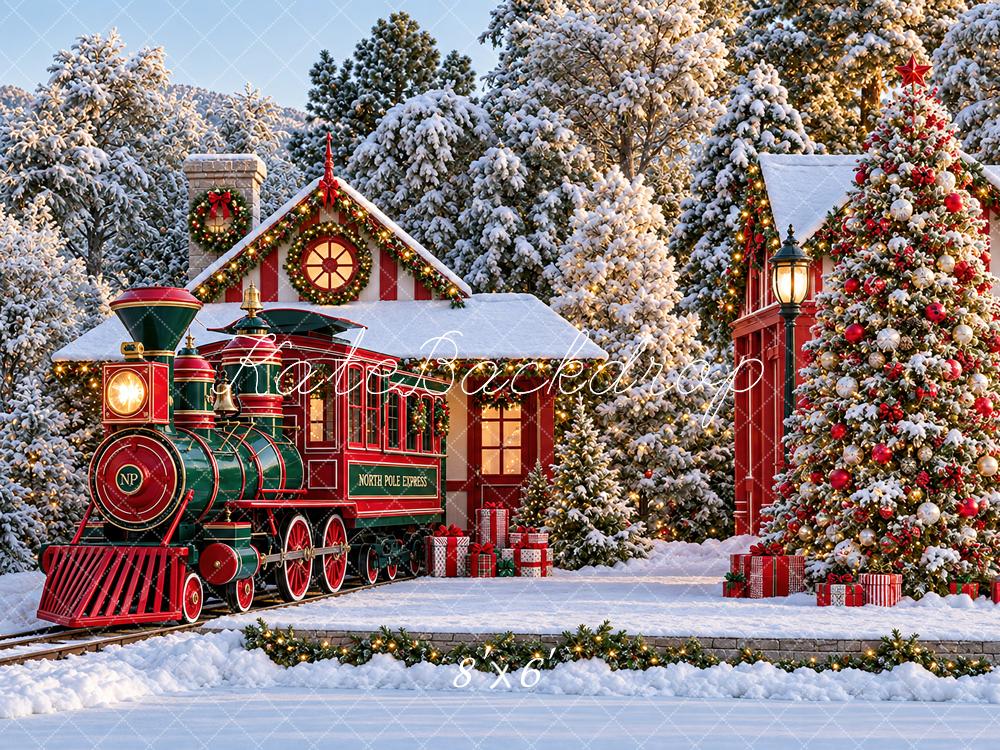 Kate Christmas Snowy Polar Train Station Trees Red Printed Backdrop Designed by Angela Miller