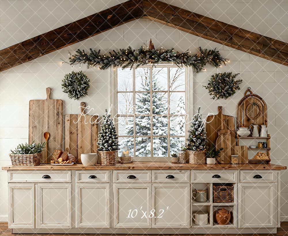 Kate Christmas Kitchen Window Garland Wreaths Rustic White Backdrop Designed by Emetselch