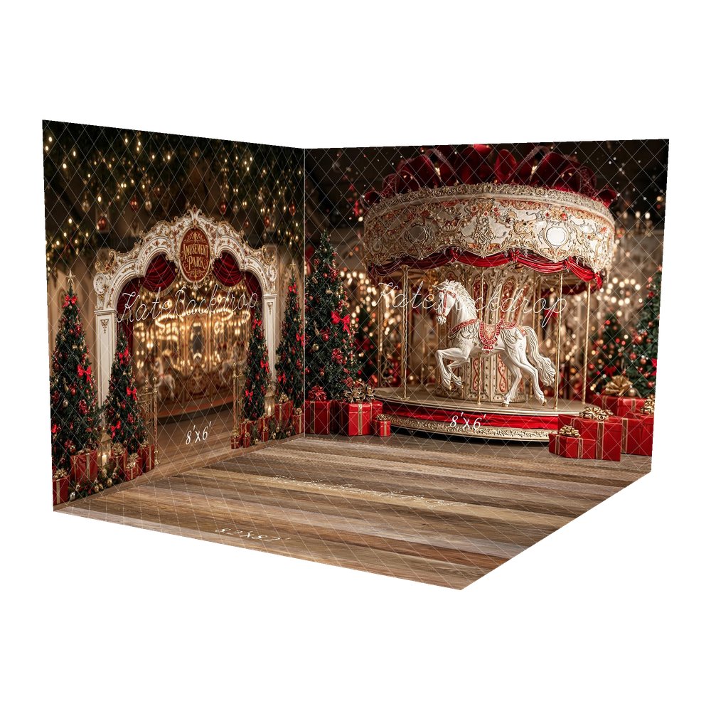 Kate Christmas Amusement Park Carousel Red Horse Presents Backdrop Room Set