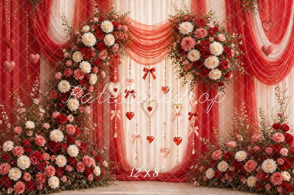 Kate Valentine's Day Floral Red Drapes Arch Hearts Garland Printed Backdrop Designed by Emetselch