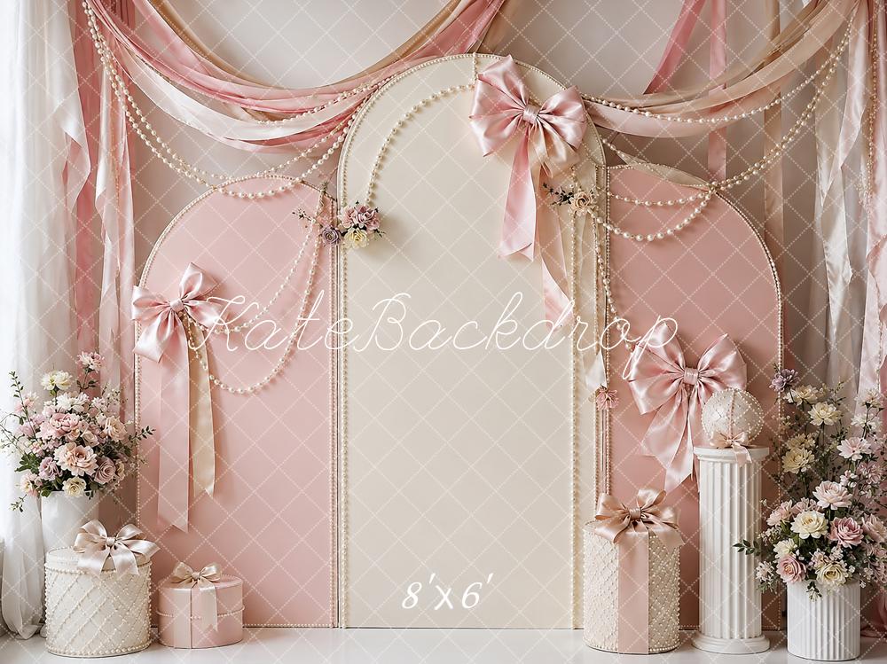 Kate Cake Smash Pink Ribbon Pearl Bow Printed Backdrop Designed by Shutter Swan Studios
