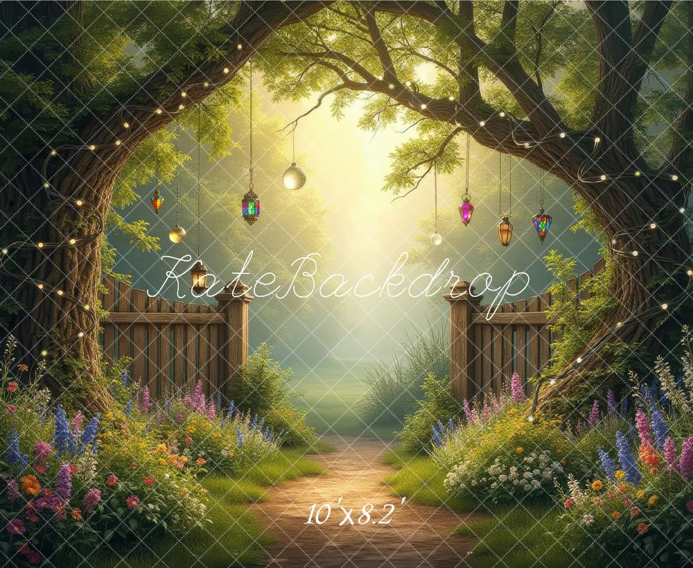 Kate Fairy Fantasy Garden Trees Lanterns Path Printed Backdrop Designed by Laura Bybee