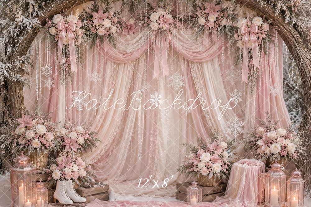 Kate Christmas Winter Pink Lace Drapery Floral Branch Arch Printed Backdrop Designed by Ashley Paul