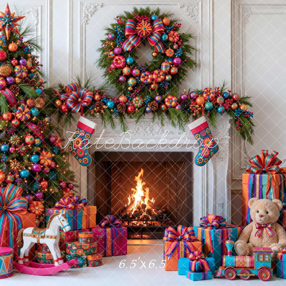 Kate Christmas Tree Fireplace Mexico Wreath Gifts Printed Backdrop Designed by Mini MakeBelieve