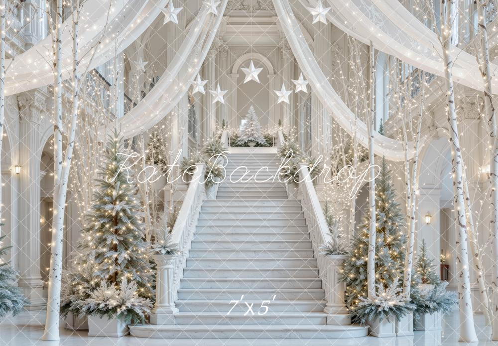 Kate Christmas Winter Wonderland Staircase Christmas Trees White Printed Backdrop Designed by Mini MakeBelieve