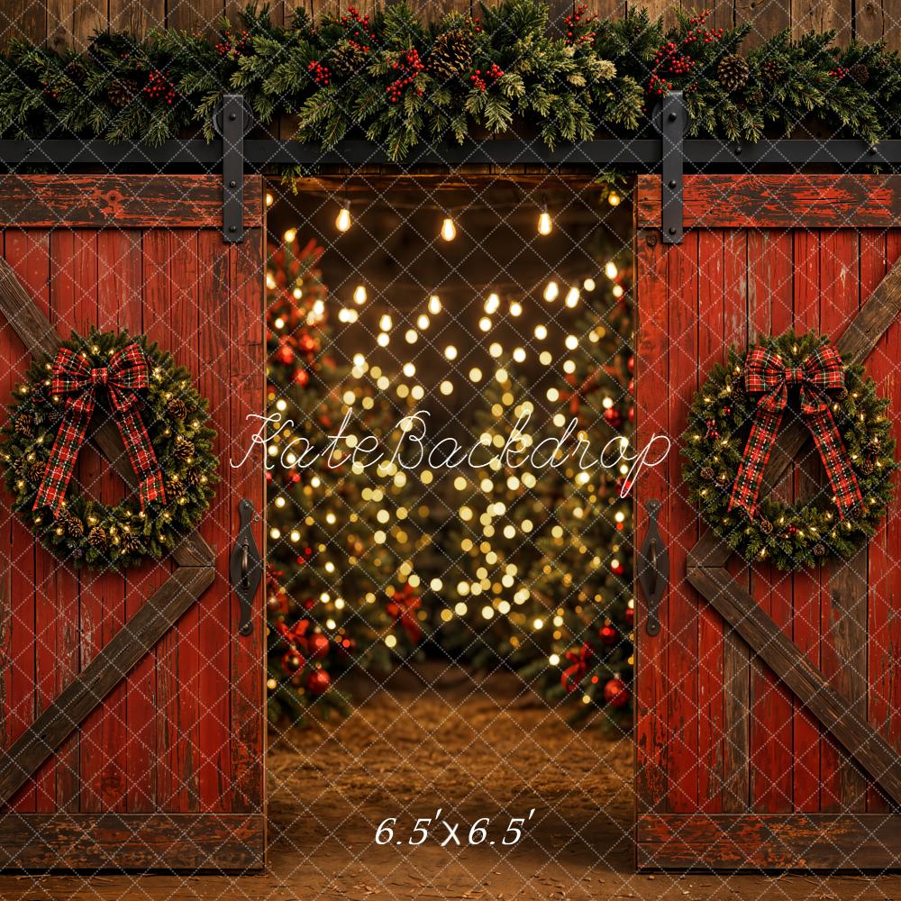 Kate Christmas Red Barn Doors Wreath Bokeh Lights Printed Backdrop Designed by Emetselch