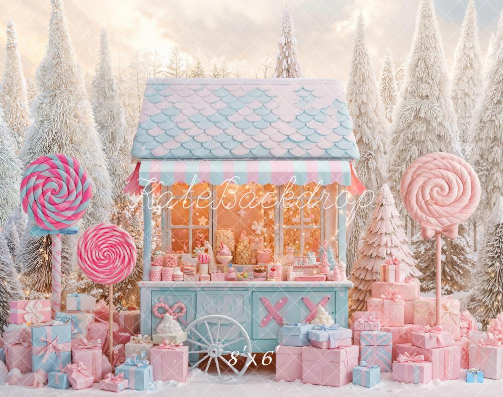 Kate Christmas Candy Stand Lollipops Gift Snowy Pastel Backdrop Designed by Emetselch