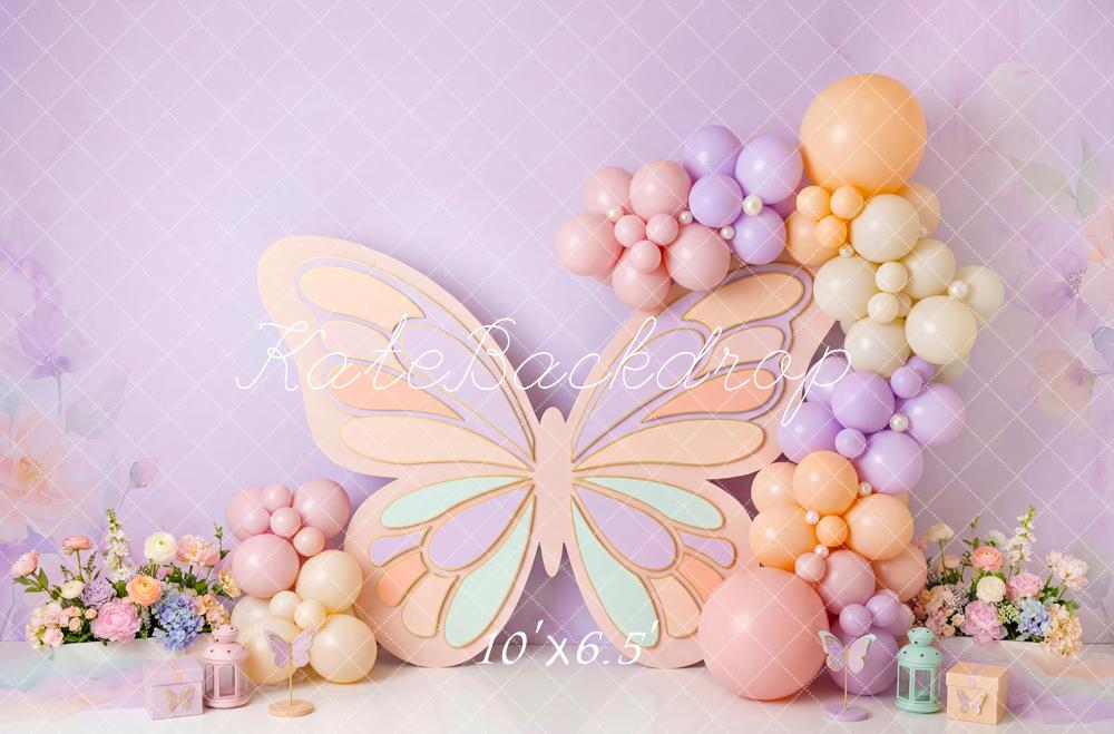 Kate Cake Smash Pastel Butterfly Balloons Flowers Printed Backdrop Designed by Patty Roberts