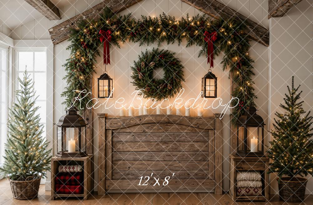 Kate Christmas Rustic Wood Headboard Garland Wreath Lanterns Printed Backdrop Designed by Emetselch