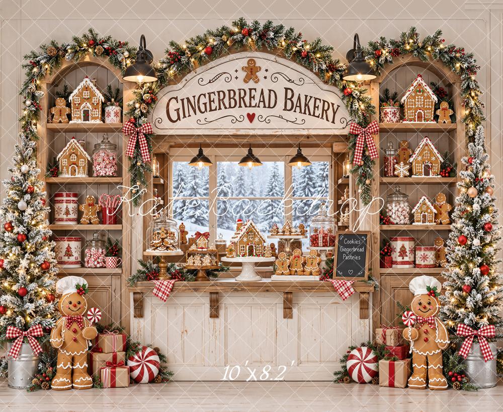 Kate Christmas Gingerbread Bakery Shop Garland Window Printed Backdrop Designed by Emetselch