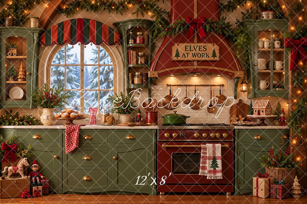 Kate Christmas Kitchen Crooked Elf Workshop Green Red Printed Backdrop Designed by Shutter Swan Studios