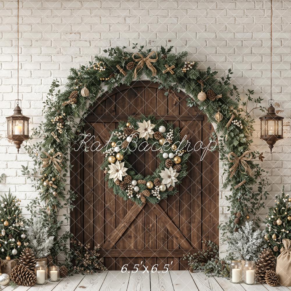 Kate Christmas Wooden Door Garland Wreath White Brick Printed Backdrop Designed by Emetselch