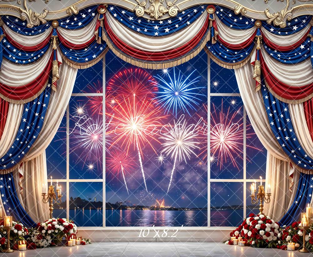 Kate Independence Day Window Fireworks Red White Blue Drapes Printed Backdrop Designed by Mini MakeBelieve