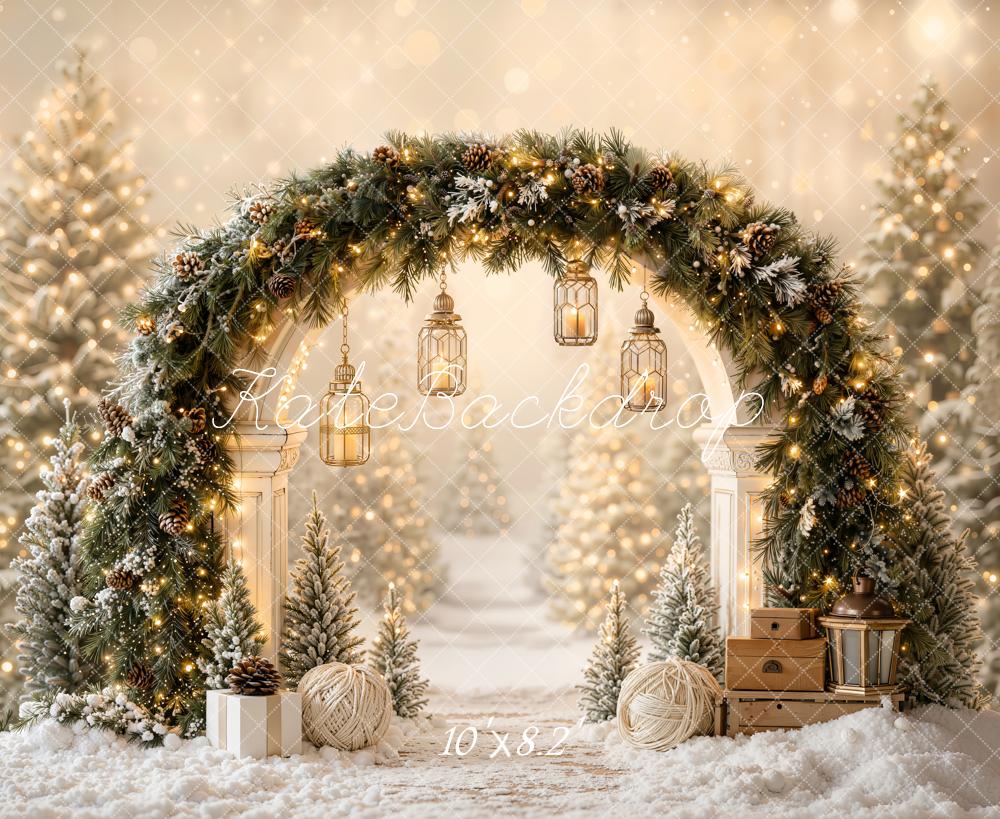 Kate Christmas Garland Arch Lanterns Snowy Trees Printed Backdrop Designed by Emetselch