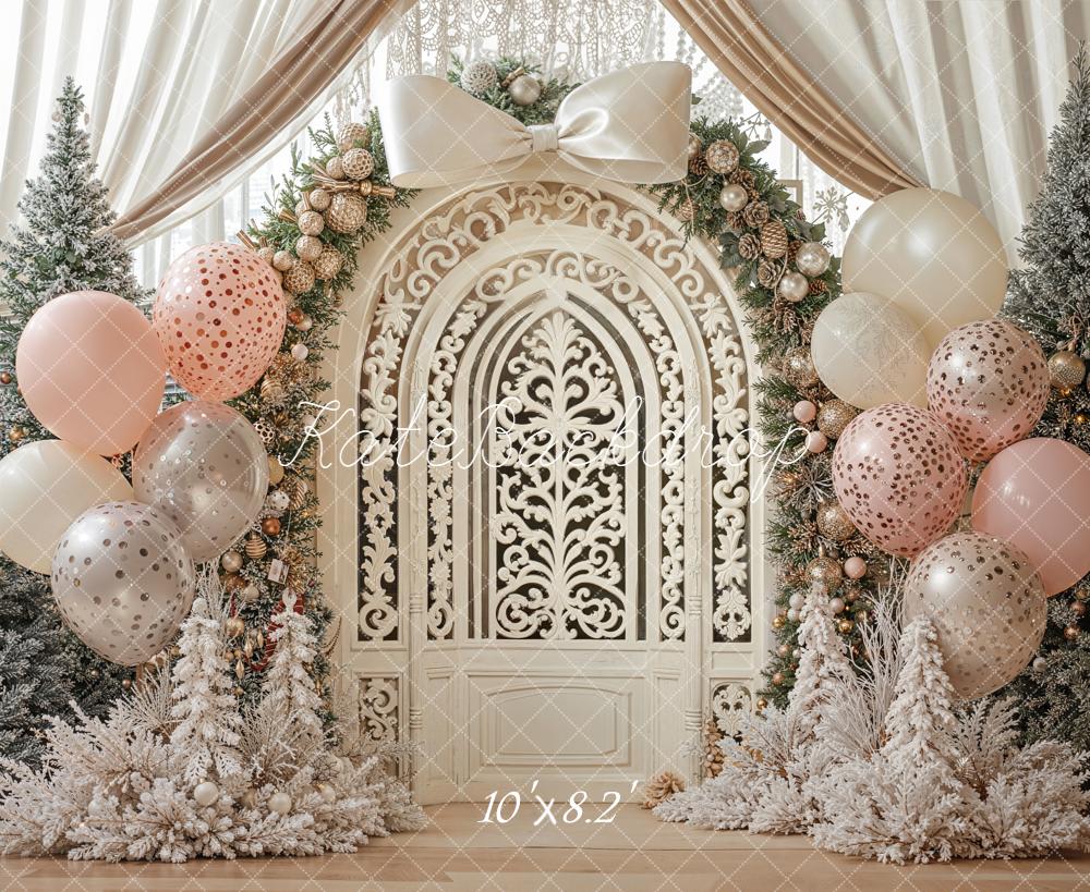 Kate Christmas Cream Vintage Door Balloon Arch Frosted Trees Backdrop Designed by Emetselch