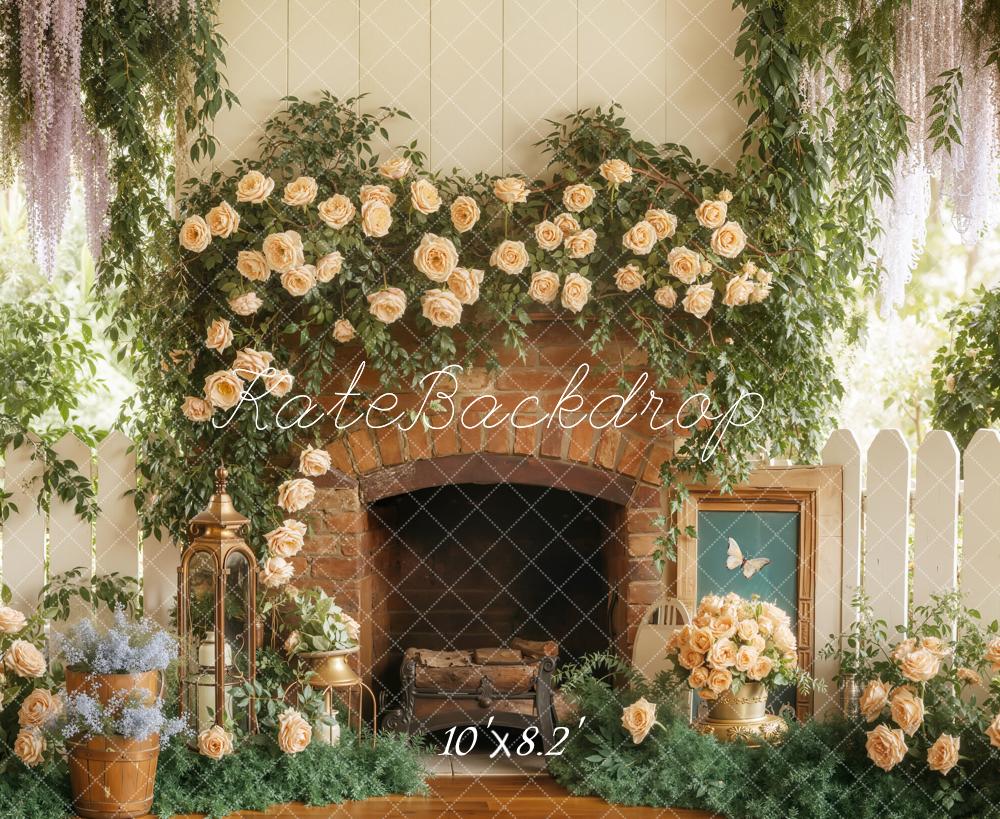 Kate Spring Flower Arch Brick Fireplace Garden Backdrop Designed by Emetselch