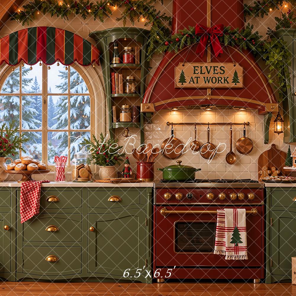 Kate Christmas Kitchen Crooked Elf Workshop Green Red Printed Backdrop Designed by Shutter Swan Studios