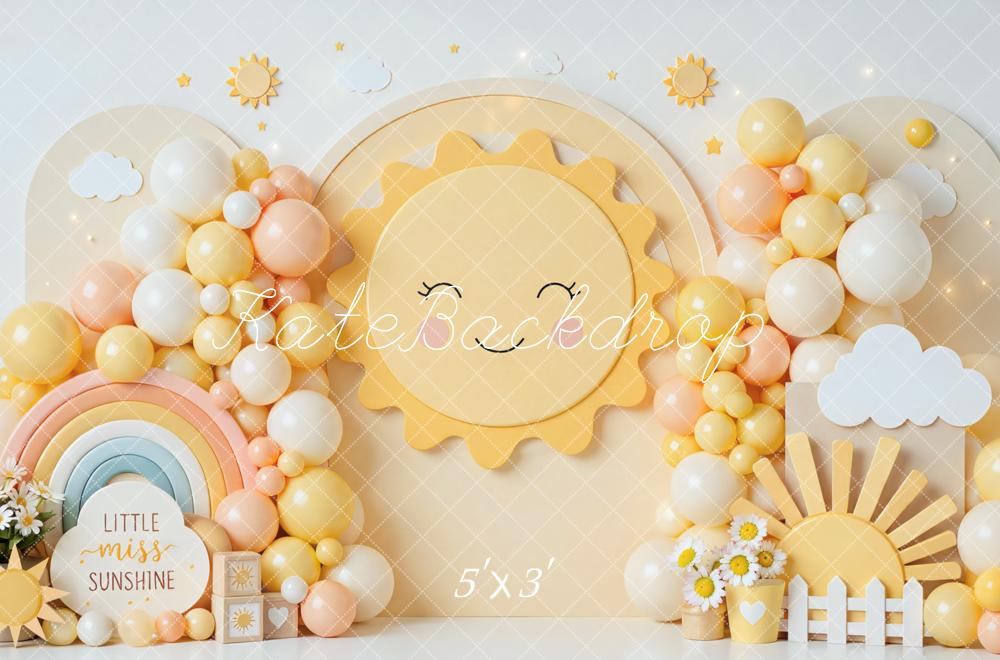 Kate Cake Smash Sunshine Rainbow Balloons Clouds Yellow Printed Backdrop Designed by Mini MakeBelieve