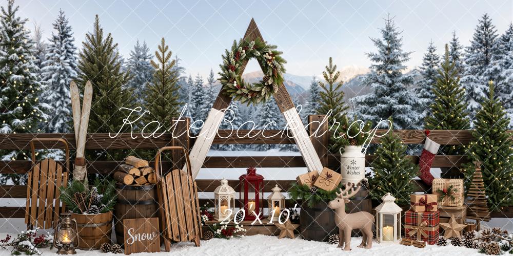 Kate Christmas Winter Outside Skis Sleds Wreath Snow Printed Backdrop Designed by Emetselch