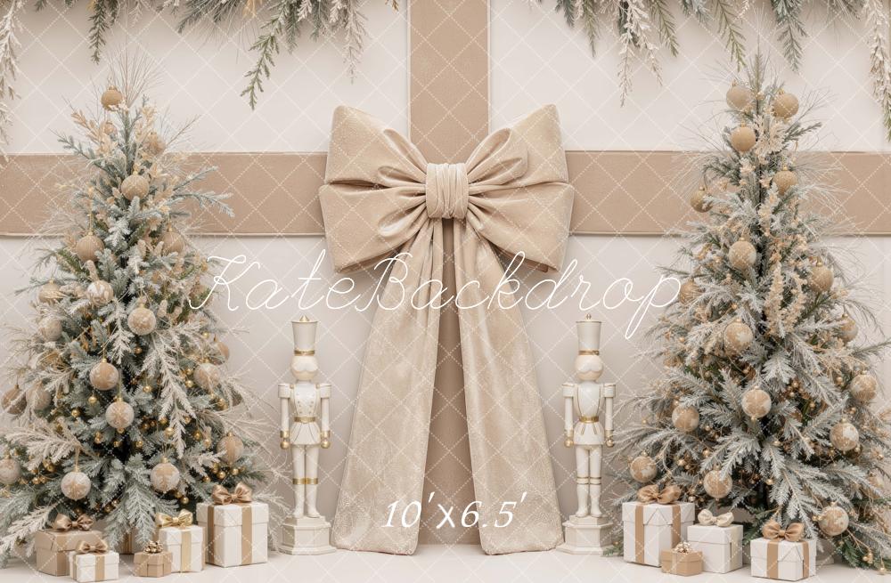 Kate Christmas Beige Bow Nutcracker Trees Printed Backdrop Designed by Mini MakeBelieve