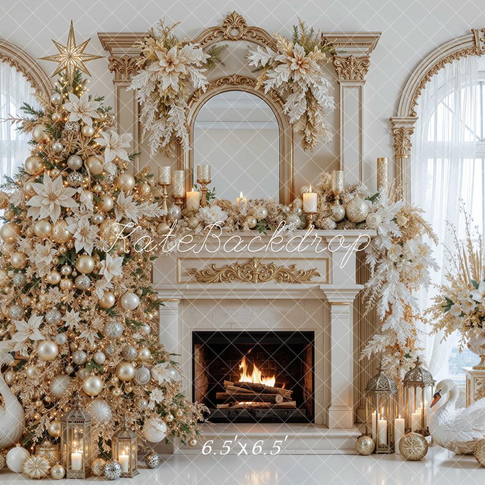 Kate Christmas Tree Luxury Gold Fireplace Garland Poinsettia Printed Backdrop Designed by Mini MakeBelieve