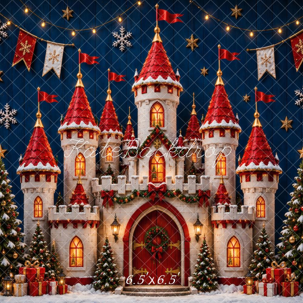 Kate Christmas Castle Red Roofs Christmas Trees Snow Gifts Printed Backdrop Designed by Vertigo Productions