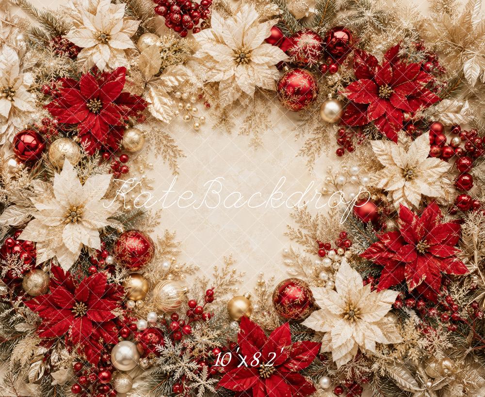 Kate Christmas Red Gold Poinsettia Wreath Ornaments Printed Backdrop Designed by Megan Leigh Photography