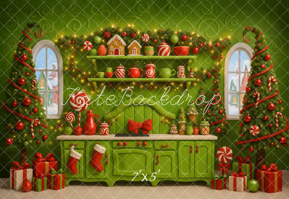 Kate Christmas Green Kitchen Trees Gifts Candy Cane Backdrop Designed by Ashley Paul