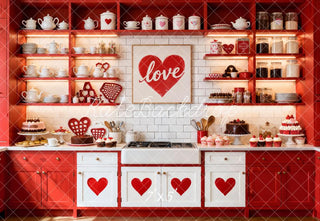 Kate Valentine Red Heart Kitchen Cabinet Shelves Cakes Printed Backdrop Designed by Emetselch