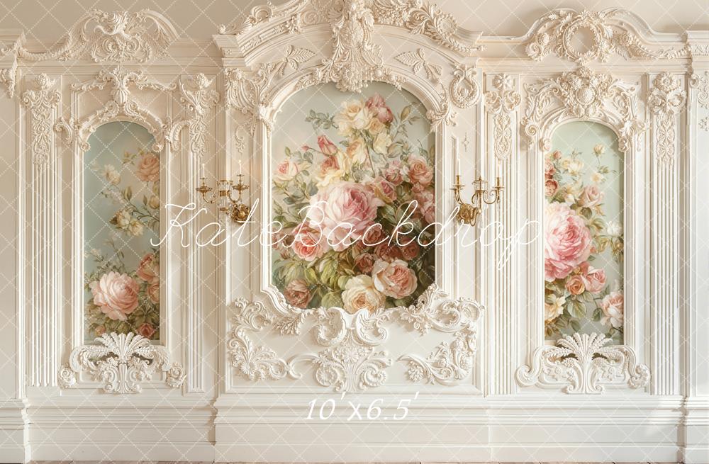 Kate Cream Baroque Vintage Wall Floral Roses Printed Backdrop Designed