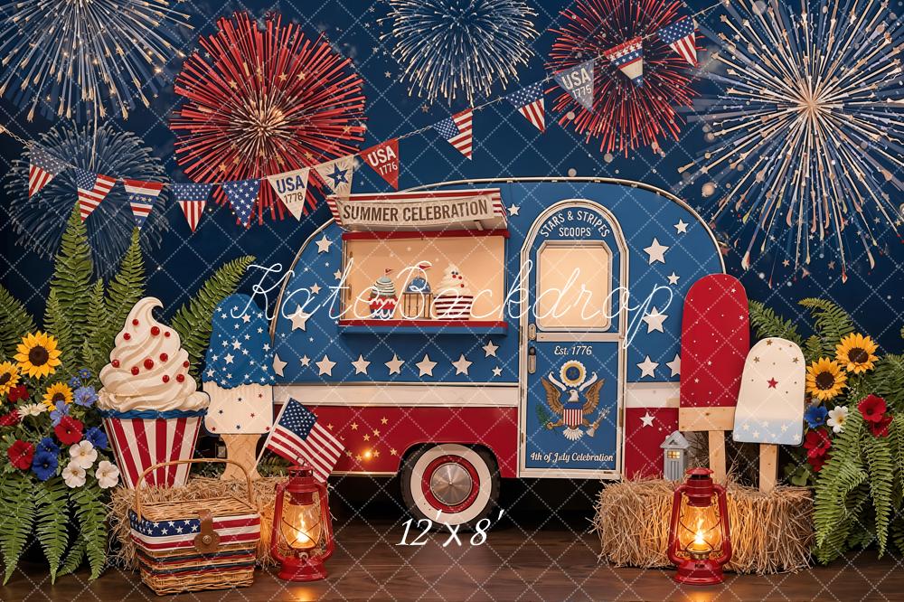 Kate 4th of July Ice Cream Truck Fireworks Patriotic Treats Printed Backdrop Designed by Emetselch