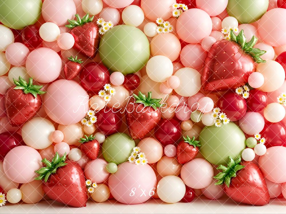 Kate Summer Strawberry Balloon Wall with Daisies Printed Backdrop Designed by Emetselch