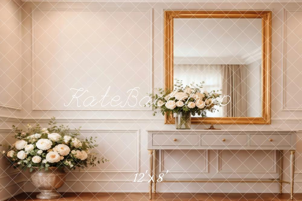 Kate Elegant White Room Gold Mirror Console Flowers Printed Backdrop Designed by Vertigo Productions