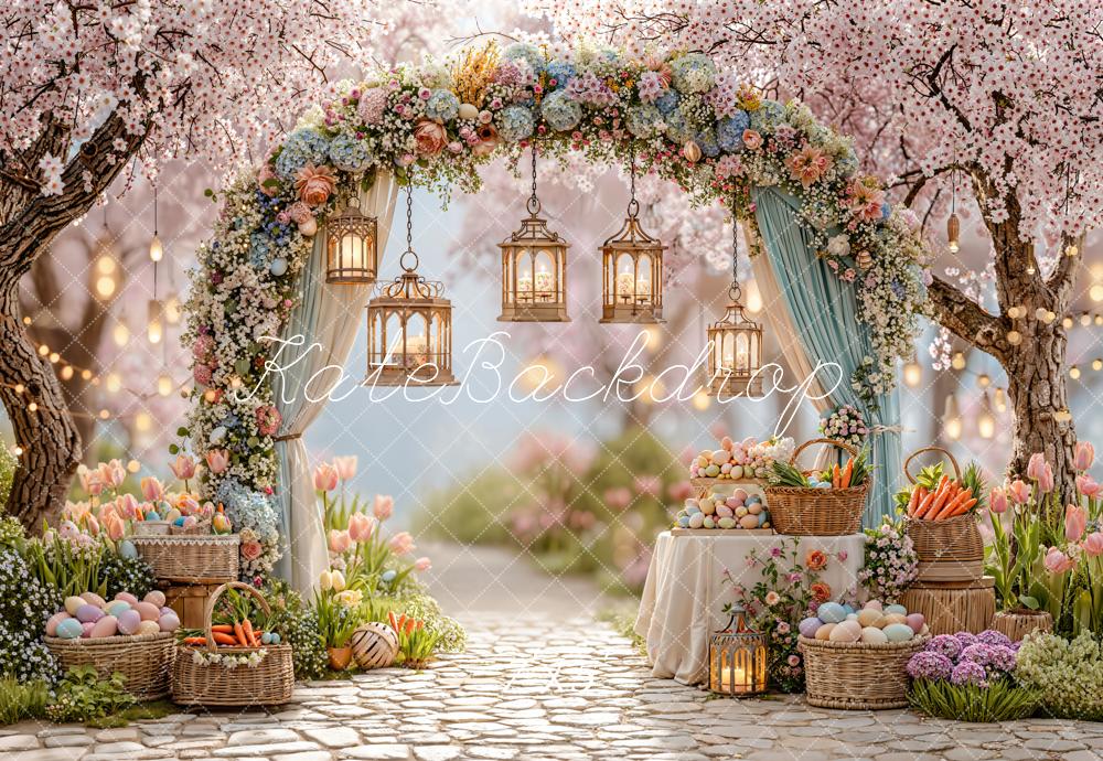 Kate Easter Spring Flower Arch Pastel Eggs Lanterns Garden Pink Backdrop Designed by Emetselch