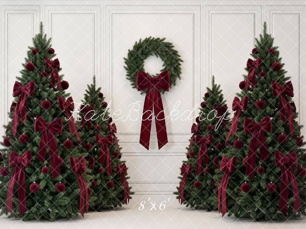 Kate Christmas Trees Burgundy Bows Wreath White Wall Printed Backdrop Designed by Emetselch