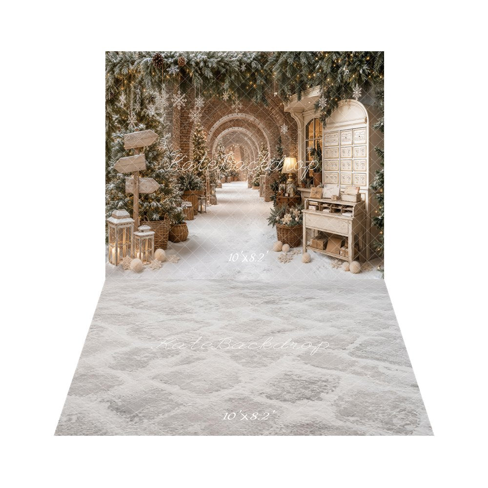 Kate Christmas Snowy Archway Pine Trees Lanterns Signpost Printed Backdrop+White Snowy Cobblestone Floor Printed Backdrop