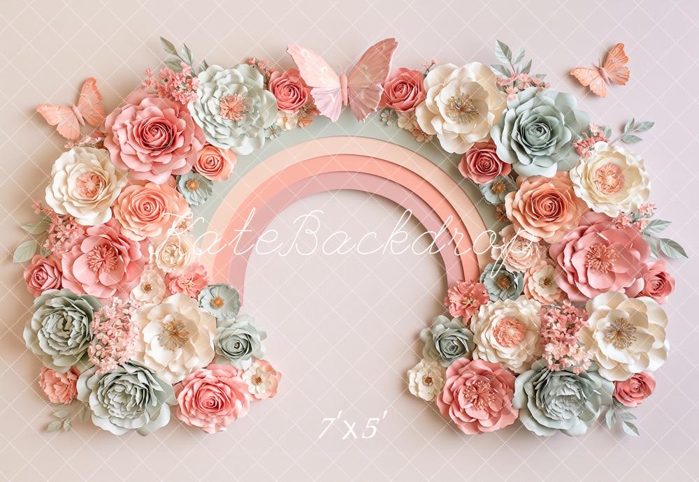 Kate Cake Smash Paper Flower Arch Pastel Rainbow Butterflies Printed Backdrop Designed by Angela Miller