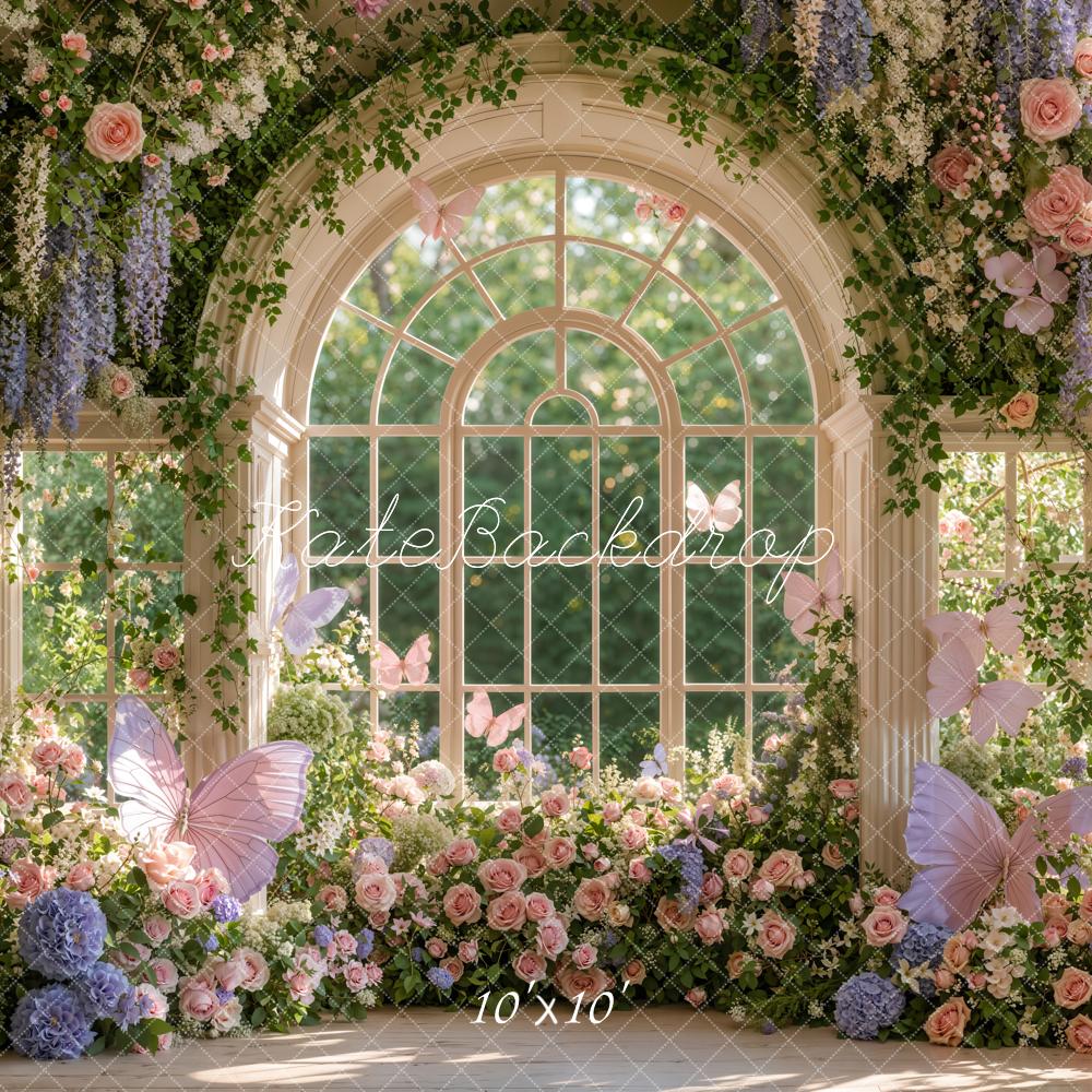 Kate Spring Flower Arched Window Garden Butterflies Greenery Printed Backdrop Designed by Emetselch