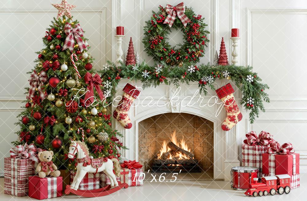 Kate Christmas Fireplace Red Plaid Tree Wreath Gifts Snowflakes Printed Backdrop Designed by Mini MakeBelieve