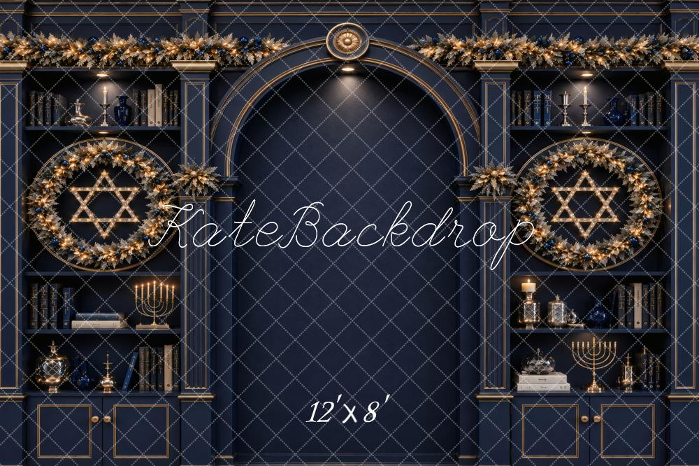 Kate Hanukkah Blue Bookshelf Arch Wreath Menorah Printed Backdrop Designed by Vertigo Productions